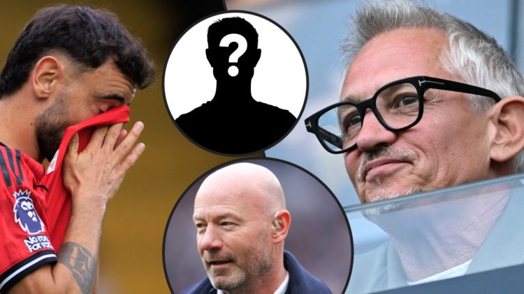 Bruno Fernandes during the Premier League match between Fulham and Manchester United at Craven Cottage, inset Gary Lineker, inset Alan Shearer.