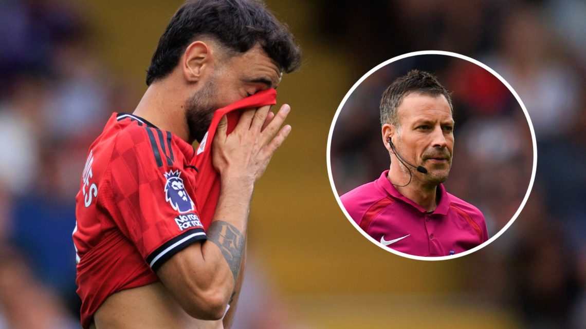 Manchester United captain Bruno Fernandes distraught after missing a penalty, inset of former Premier League referee Mark Clattenburg.