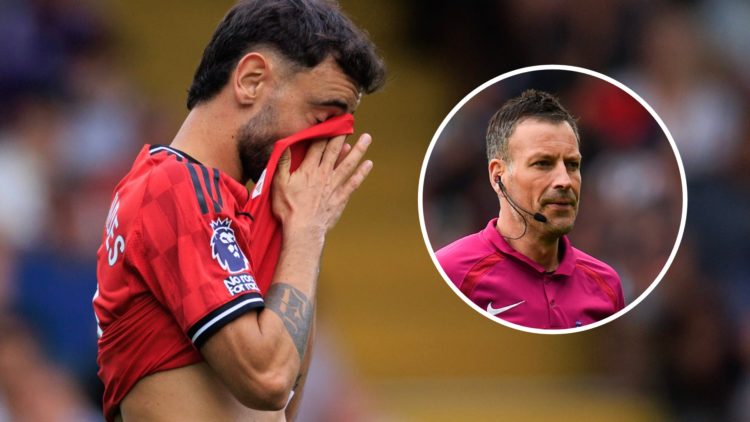Manchester United captain Bruno Fernandes distraught after missing a penalty, inset of former Premier League referee Mark Clattenburg.