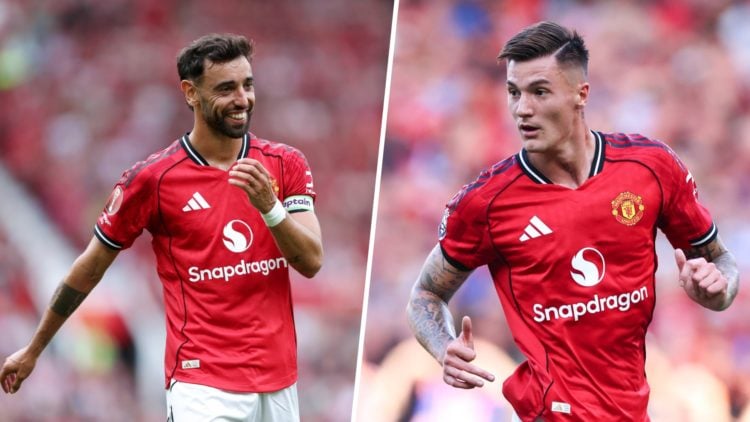 Bruno Fernandes split image with Benjamin Sesko