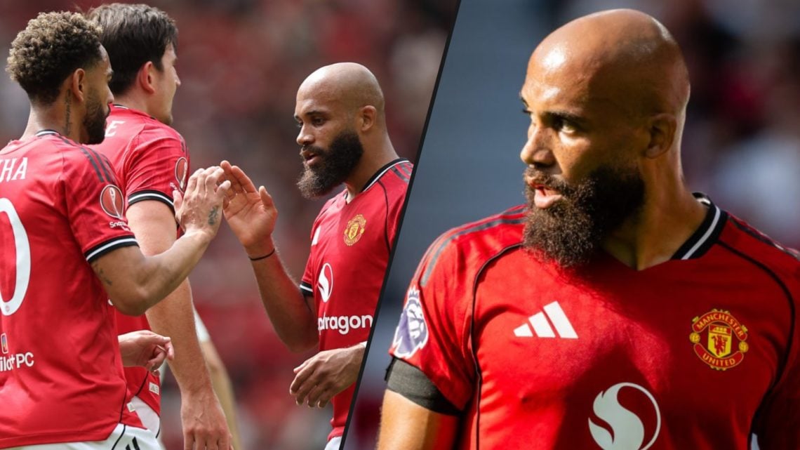 Bryan Mbeumo in action during the Premier League match between Manchester United and Arsenal at Old Trafford, inset the player with Matheus Cunha.