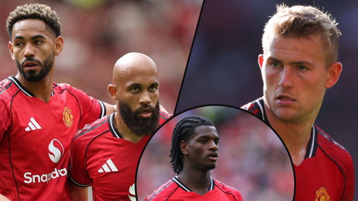 Bryan Mbeumo and Matheus Cunha during Manchester United vs Fiorentina at Old Trafford, inset Matthijs de Ligt, inset an overlay of Matthijs de Ligt.