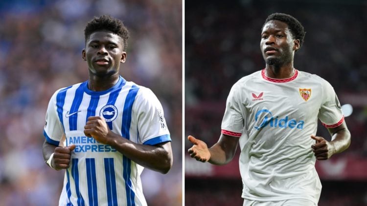 Split image of Brighton midfielder Carlos Baleba and Sevilla midfielder Lucien Agoume.