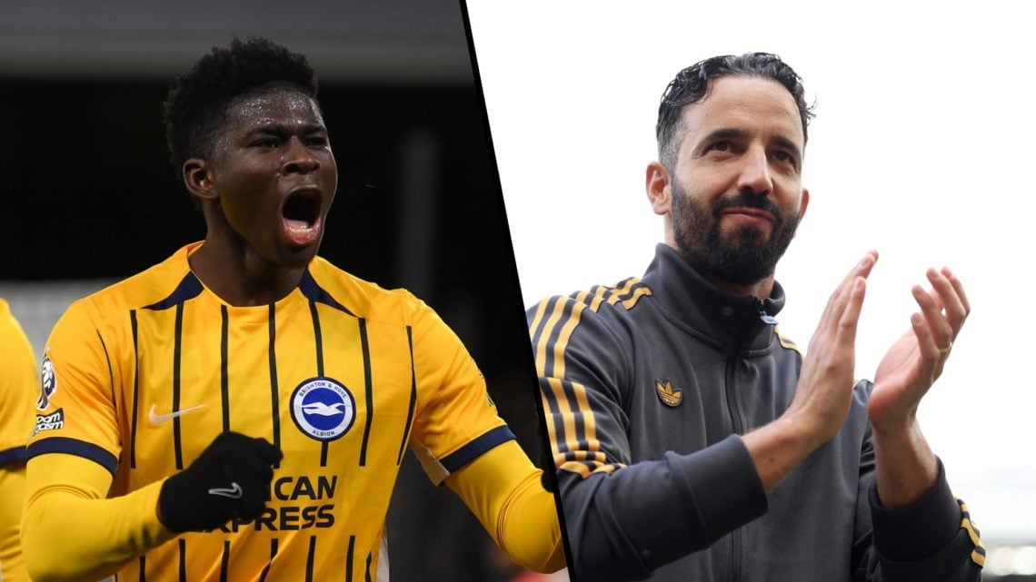 Split image, Carlos Baleba celebrates for Brighton with fists clenched and Ruben Amorim applauding Manchester United fans at Old Trafford