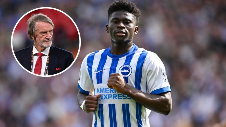 Brighton midfielder Carlos Baleba in action, inset of Manchester United owner Sir Jim Ratcliffe.