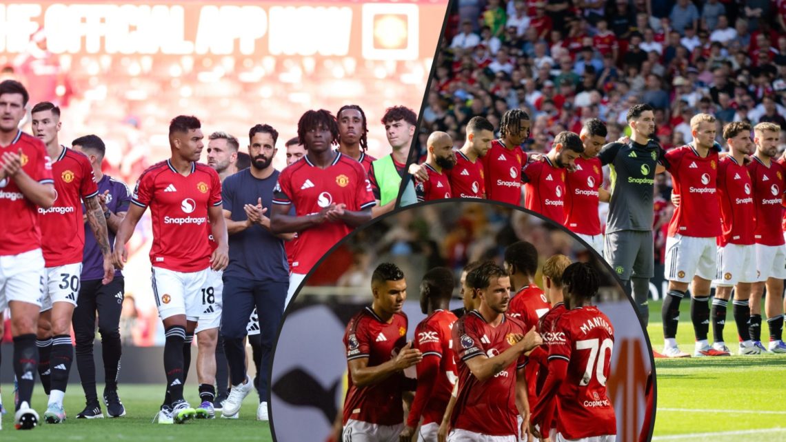 Ruben Amorim after the Arsenal match at Old Trafford, inset Manchester United players before their Premier League clash, inset an overlay featuring...