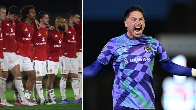 Split image of Manchester United lineup and Grimsby Town goalkeeper Christy Pym.