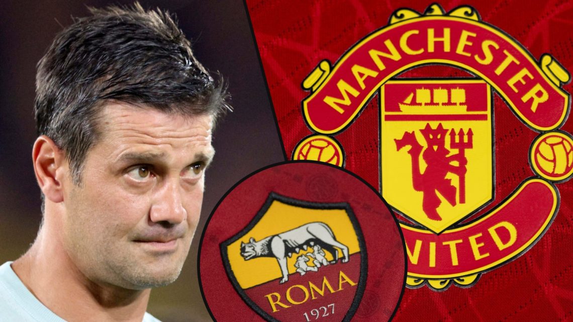 Inter Milan manager Cristian Chivu after the match vs Monaco, inset the Manchester United club crest, inset an overlay of the Roma logo.