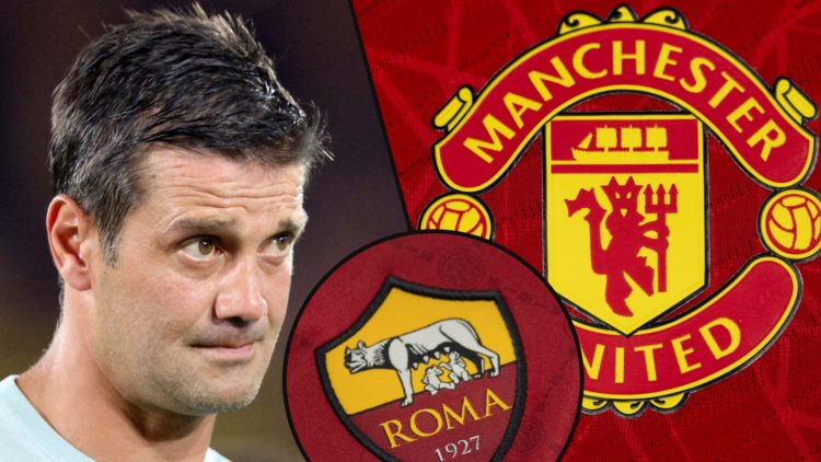 Inter Milan manager Cristian Chivu after the match vs Monaco, inset the Manchester United club crest, inset an overlay of the Roma logo.