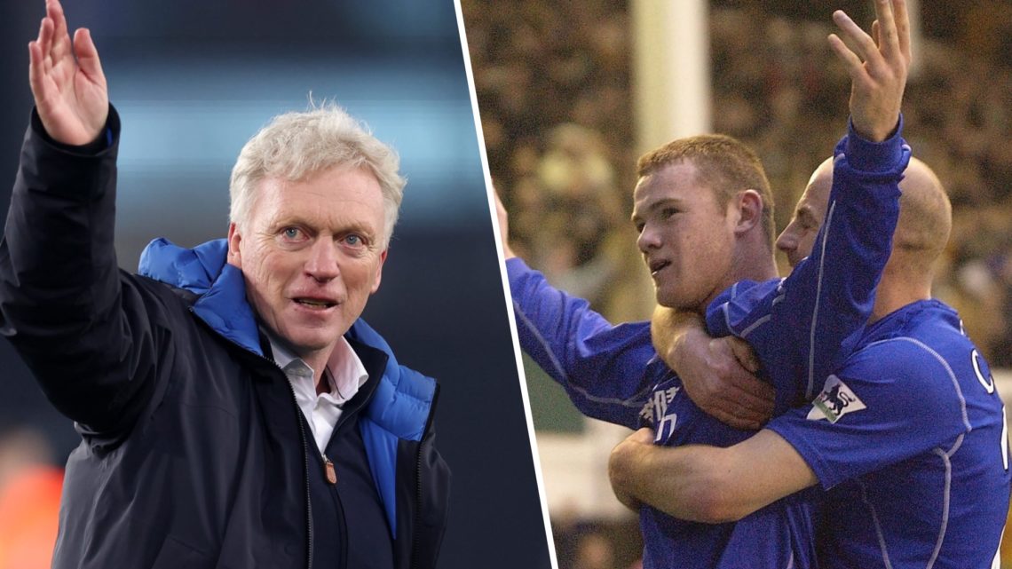 Split image, David Moyes waves to Everton supporters and Wayne Rooney celebrates goal for Everton in 2003.