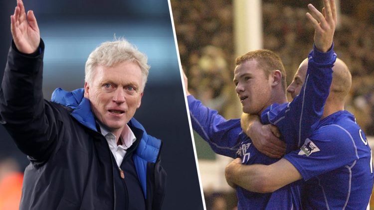 Split image, David Moyes waves to Everton supporters and Wayne Rooney celebrates goal for Everton in 2003.