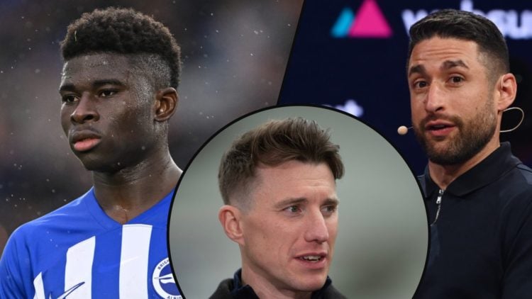 The Athletic reporter David Ornstein, inset Manchester United-linked Carlos Baleba playing for Brighton, inset an overlay of The Athletic’s Laurie ...