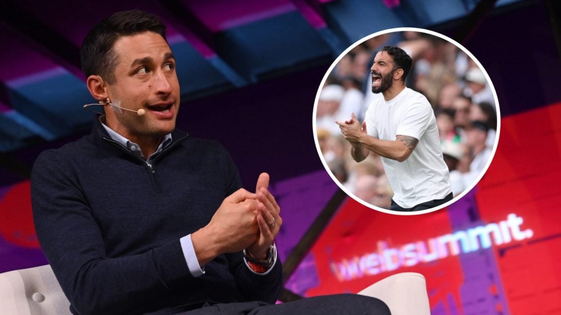 Journalist David Ornstein discussing on a panel, inset of Manchester United head coach Ruben Amorim.