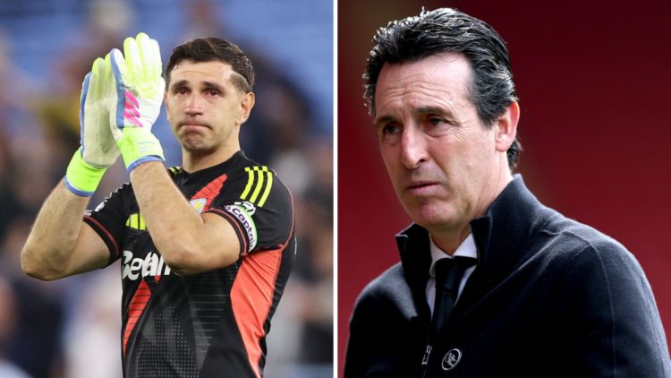 Split image of Aston Villa goalkeeper Emiliano Martinez and manager Unai Emery.