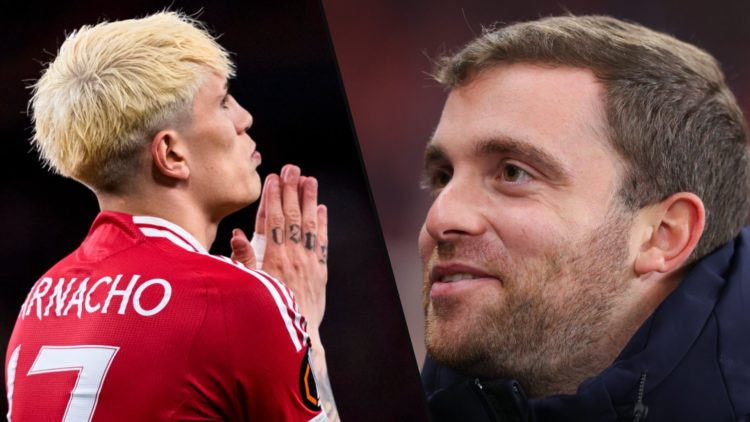 Chelsea target Alejandro Garnacho during the Europa League final between Tottenham and Manchester United, inset transfer reporter Fabrizio Romano.