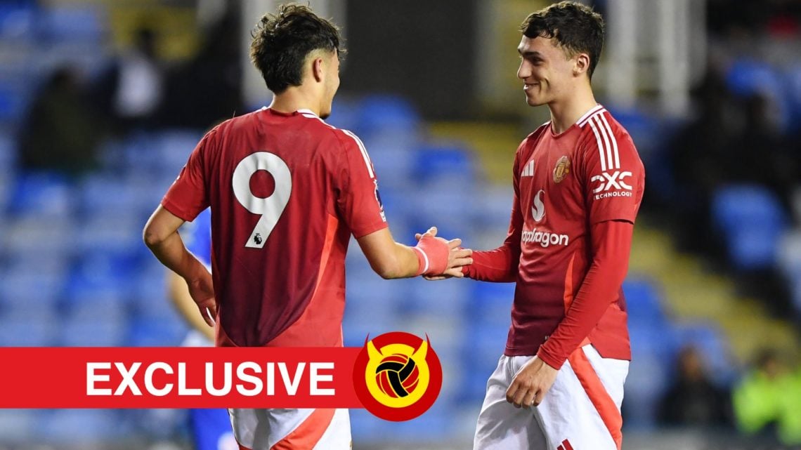 Gabriele Biancheri and James Scanlon shake hands during Manchester United U21 win. Overlaid UIF logo and exclusives banner.