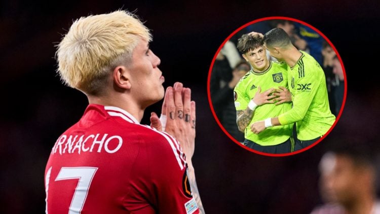 Garnacho clasps hands together, inset Garnacho in 2022 with Ronaldo