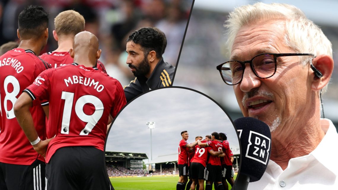 Gary Lineker talks on DAZN, inset Ruben Amorim with Manchester United players at Craven Cottage, inset Benjamin Sesko vs Fulham.