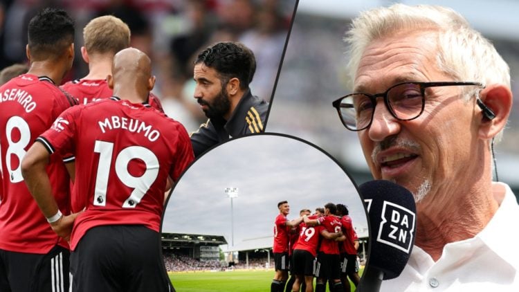 Gary Lineker talks on DAZN, inset Ruben Amorim with Manchester United players at Craven Cottage, inset Benjamin Sesko vs Fulham.