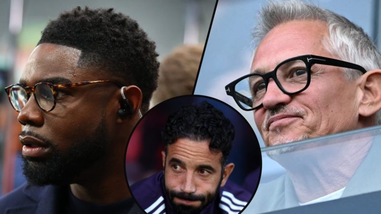 Former TV presenter Gary Lineker, inset Sky Sports pundit Micah Richards, inset Manchester United manager Ruben Amorim at the Grimsby Town match,
