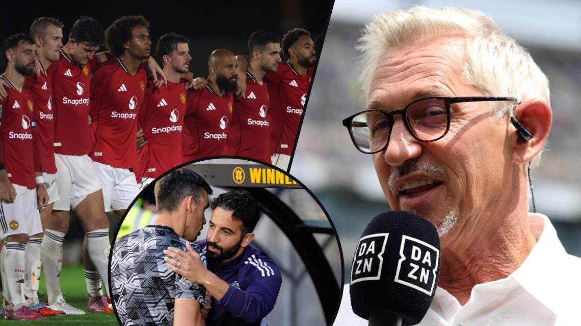Gary Lineker talks on DAZN, inset Manchester United players vs Grimsby Town at Blundell Park, inset Ruben Amorim during a Carabao Cup match.