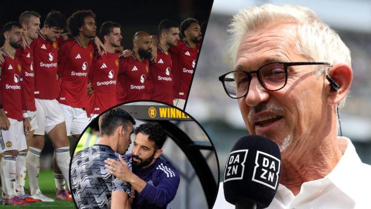 Gary Lineker talks on DAZN, inset Manchester United players vs Grimsby Town at Blundell Park, inset Ruben Amorim during a Carabao Cup match.