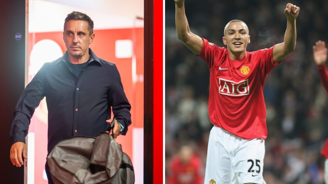 Gary Neville arrives at Old Trafford, split image with 2008 Manchester United star Danny Simpson.