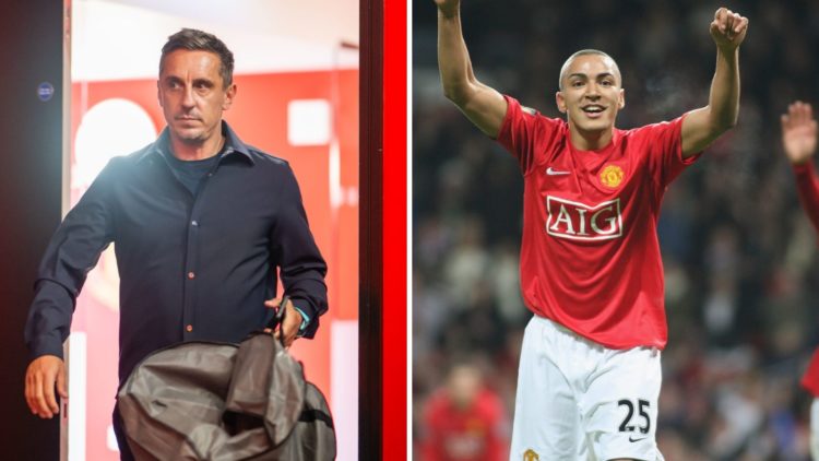 Gary Neville arrives at Old Trafford, split image with 2008 Manchester United star Danny Simpson.