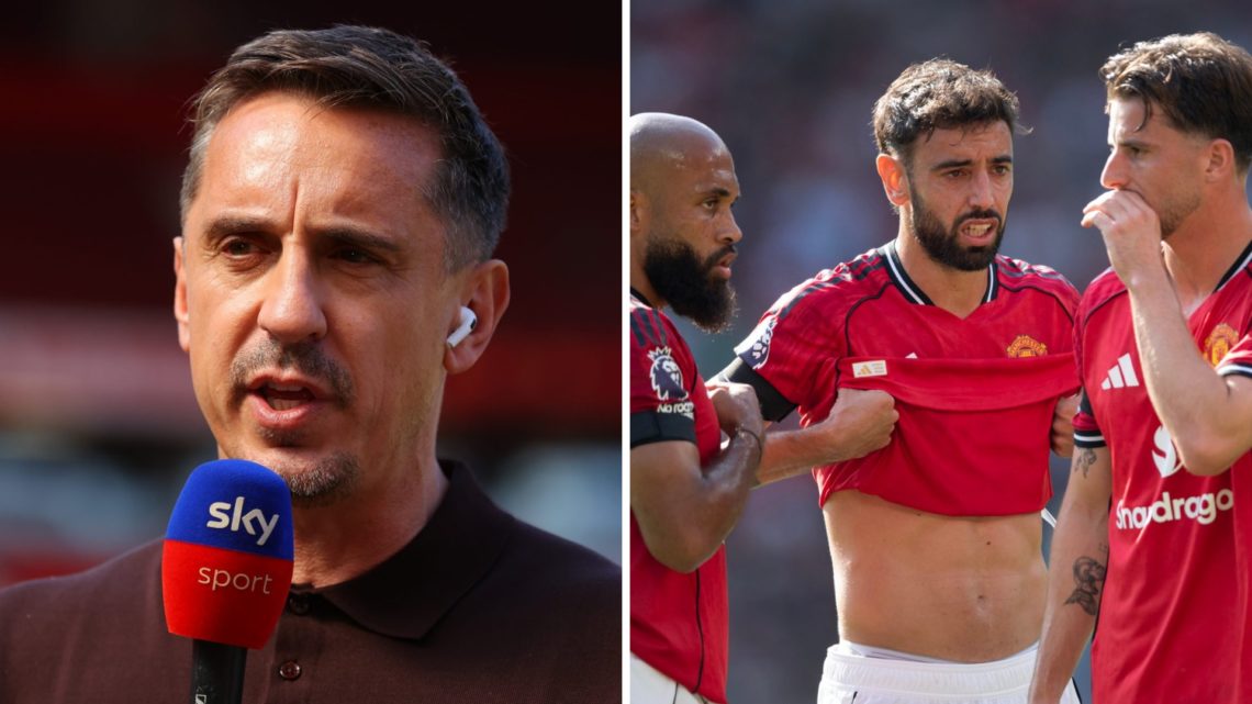 Split image of pundit Gary Neville and Manchester United players in action against Arsenal in the Premier League.