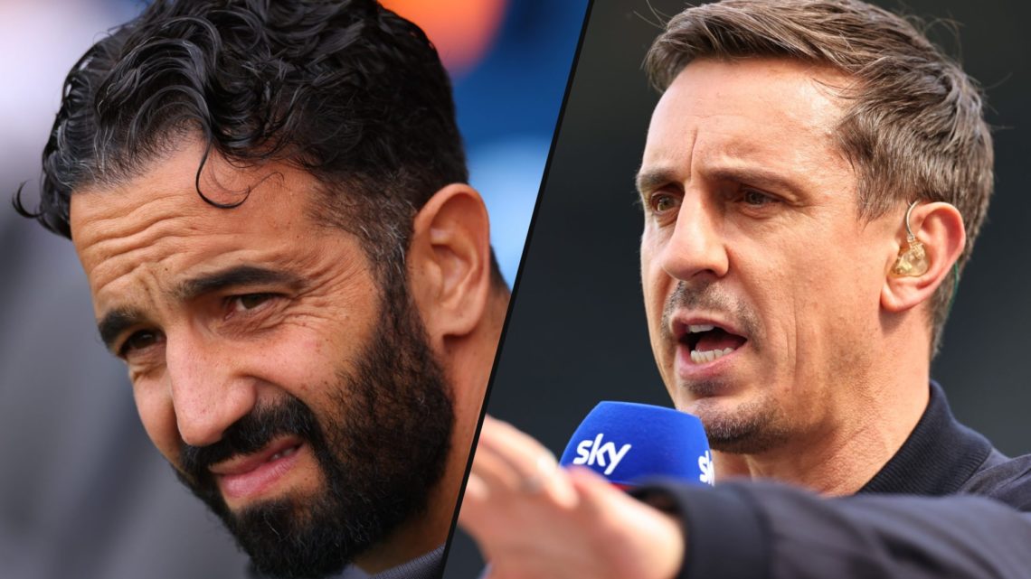 Manchester United legend Gary Neville working as a TV pundit for Sky Sports, inset Ruben Amorim during the Premier League match vs Fulham.