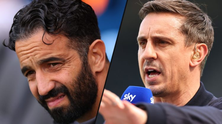 Manchester United legend Gary Neville working as a TV pundit for Sky Sports, inset Ruben Amorim during the Premier League match vs Fulham.