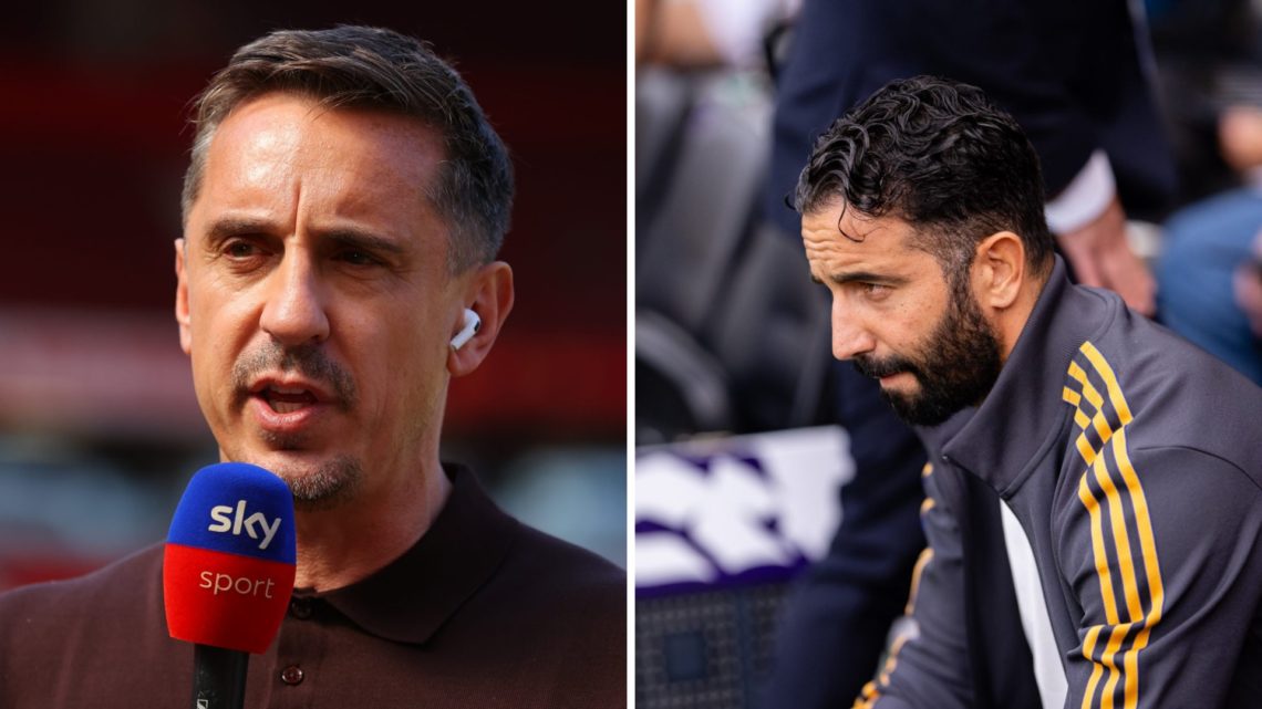 Split image of Manchester United legend Gary Neville and head coach Ruben Amorim on the sideline.