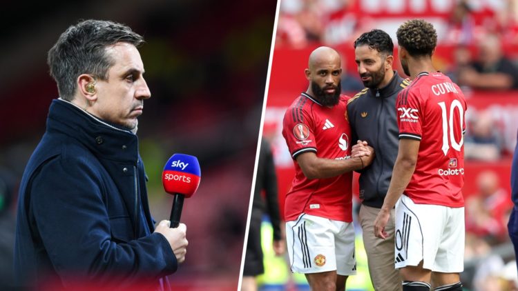 Gary Neville split image with Matheus Cunha, Bryan Mbeumo and Ruben Amorim