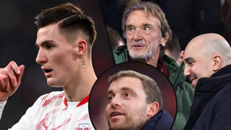 RB Leipzig striker Benjamin Sesko, inset Ineos chief Sir Jim Ratcliffe and Manchester United CEO Omar Berrada, inset an overlay of Fabrizio Romano.