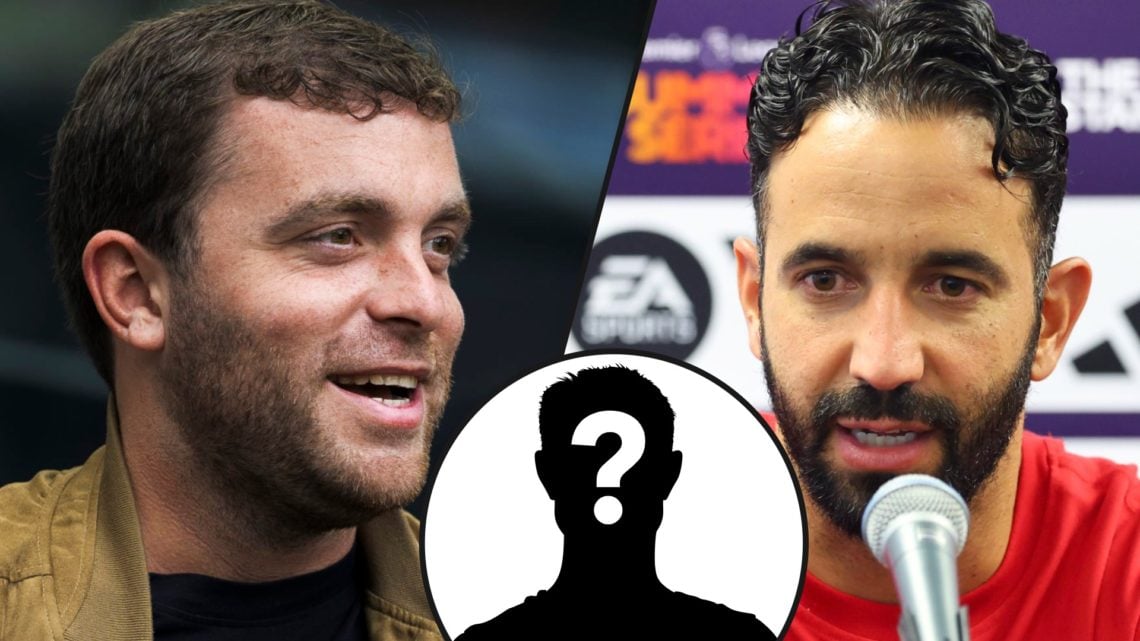 Manchester United manager Ruben Amorim speaks at a press conference after Bournemouth match, inset a photo of transfer reporter Fabrizio Romano.