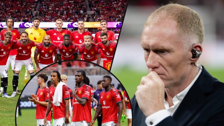 Former Manchester United player and TNT Sports pundit Paul Scholes, inset a team photo of Manchester United players, inset an overlay featuring Kob...