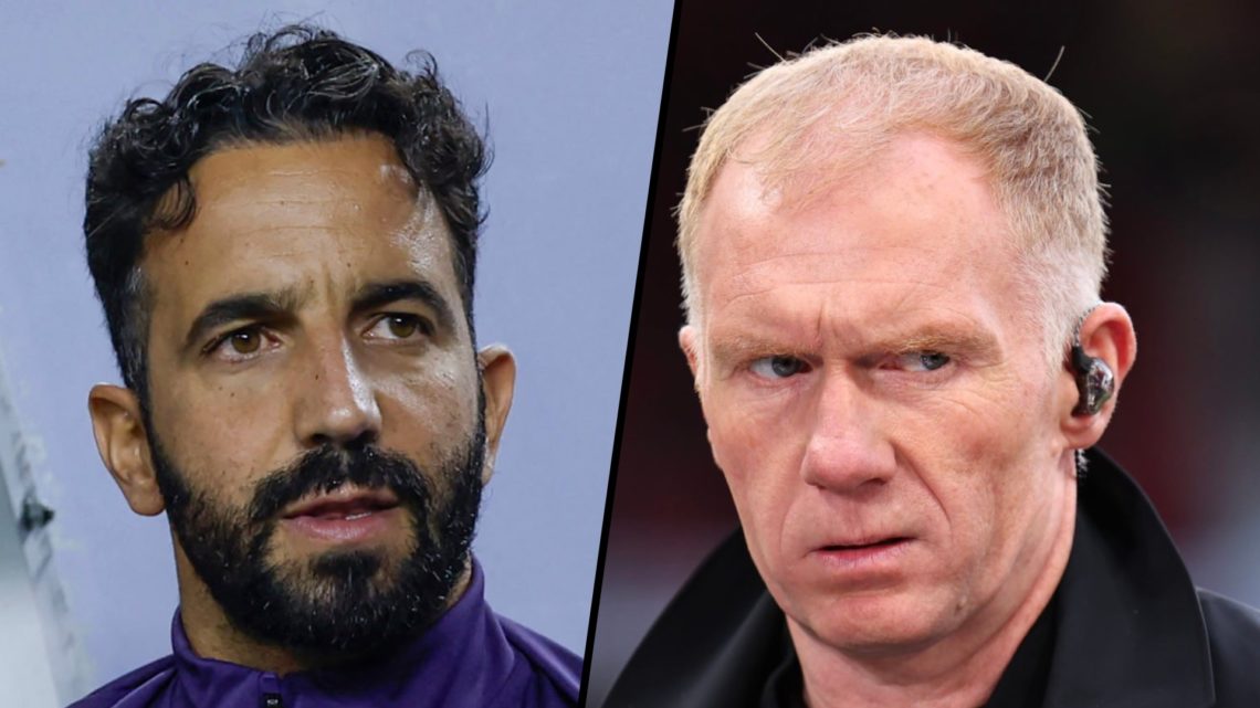 Split image, Ruben Amorim sat on Manchester United bench with tracksuit and Paul Scholes on punditry for TNT Sports.
