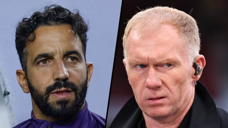 Split image, Ruben Amorim sat on Manchester United bench with tracksuit and Paul Scholes on punditry for TNT Sports.