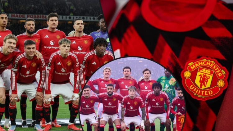 A Manchester United badge on a shirt, inset Alejandro Garnacho in a team photo, inset an overlay of Manchester United players.