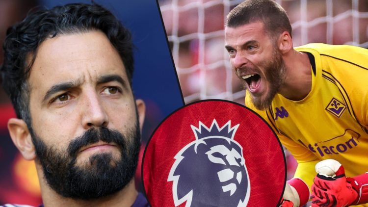 Manchester United legend David de Gea playing for Fiorentina, inset a photo of Ruben Amorim, inset the Premier League logo.
