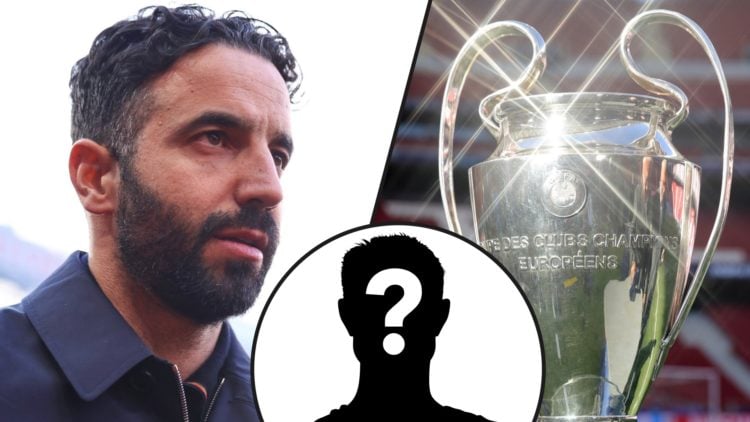 Manchester United head coach Ruben Amorim during a Europa League match, inset a photo of the Champions League trophy.