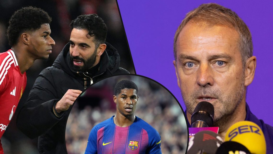 Marcus Rashford alongside manager Ruben Amorim, inset Barcelona head coach Hansi Flick, inset the Manchester United loanee vs Vissel Kobe.