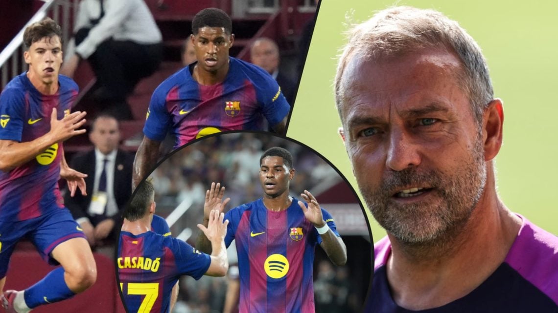 Marcus Rashford in action for Barcelona vs Vissel Kobe, inset Hansi Flick, inset an overlay of the Manchester United and England player.