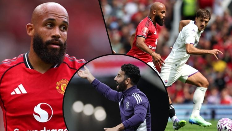 Bryan Mbeumo during Manchester United vs Fiorentina, inset the former Brentford ace at Old Trafford, inset an overlay with manager Ruben Amorim.
