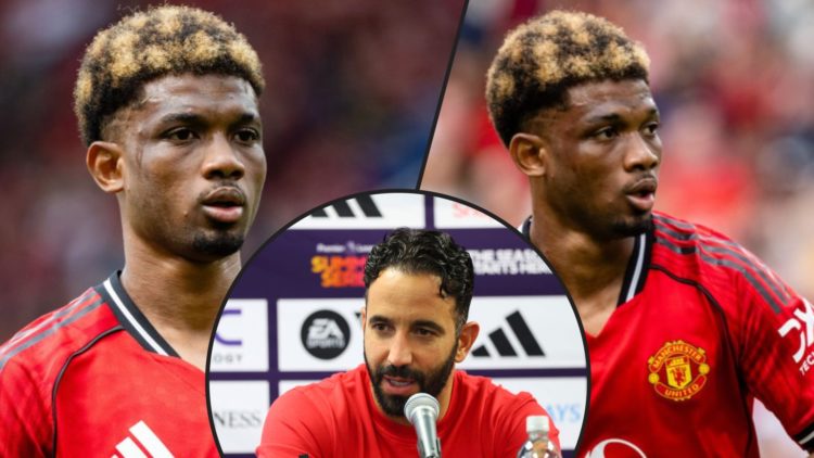 Amad Diallo playing against Fiorentina at Old Trafford, inset the Manchester United player, inset an overlay of manager Ruben Amorim.