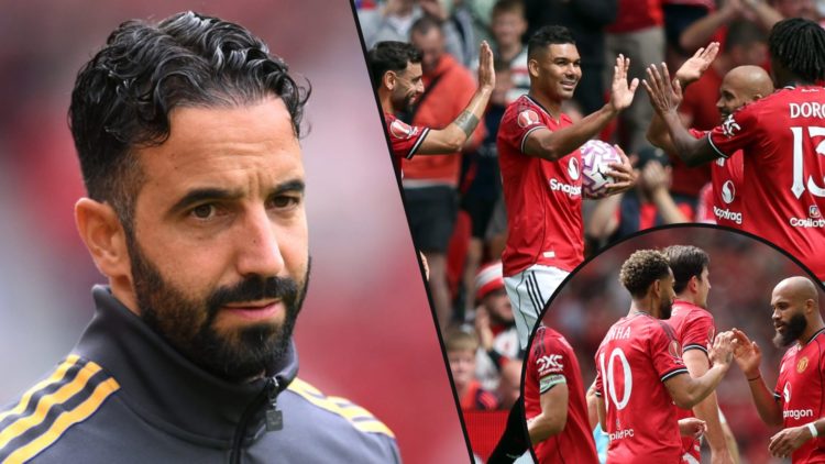 Ruben Amorim during the Fiorentina match, inset Manchester United players at Old Trafford, inset Matheus Cunha and Bryan Mbeumo.