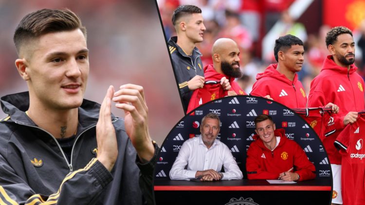 Benjamin Sesko ahead of the Fiorentina match, inset the Manchester United signing at Old Trafford, inset the ex-RB Leipzig striker with Jason Wilcox.