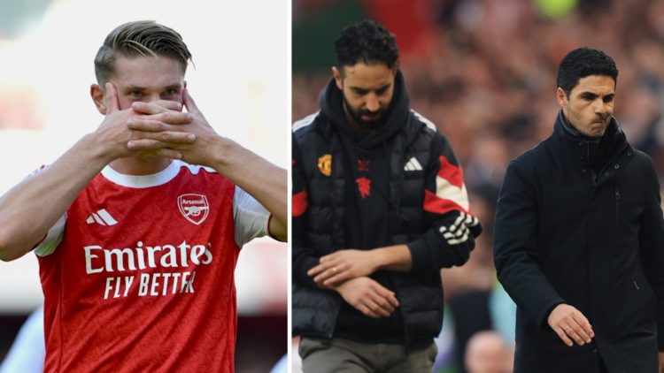 Arsenal forward Viktor Gyokeres celebrates, split image with Man United coach Ruben Amorim and Arsenal manager Mikel Arteta.