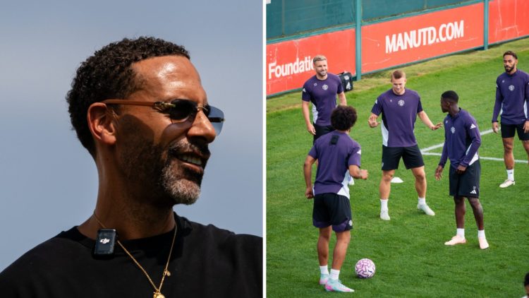 Manchester United legend Rio Ferdinand watches on, Manchester United players in training session.