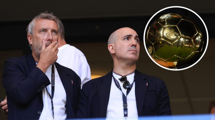 Manchester United chiefs Jason Wilcox and Omar Berrada, inset of the Ballon d'Or trophy.